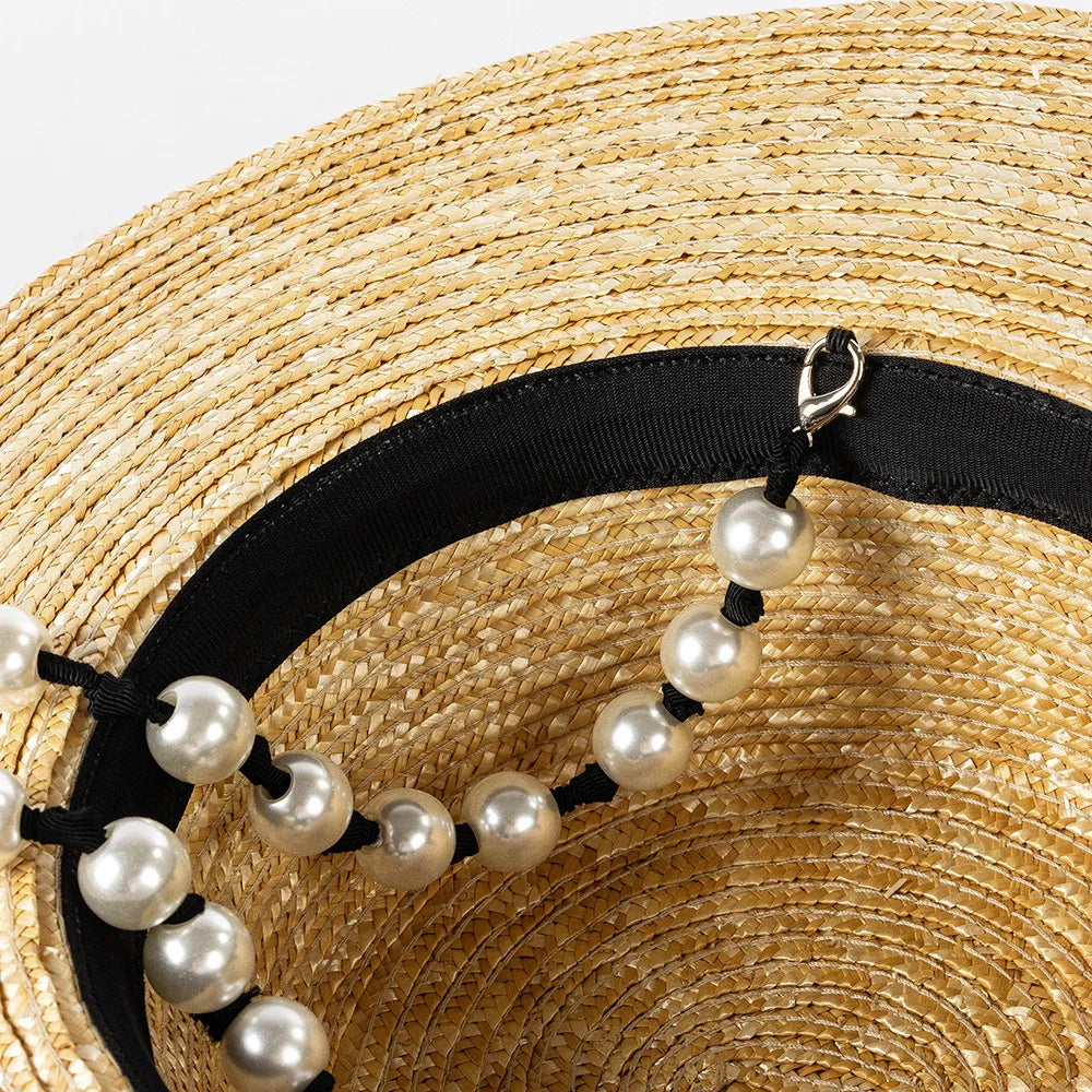 Ceeprints Pearl Tie Wide Brim Straw Fedora Hat