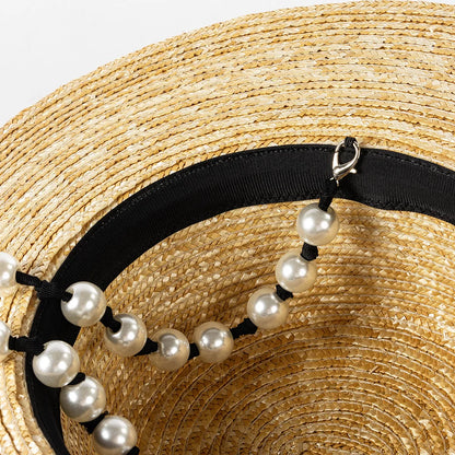 Ceeprints Pearl Tie Wide Brim Straw Fedora Hat
