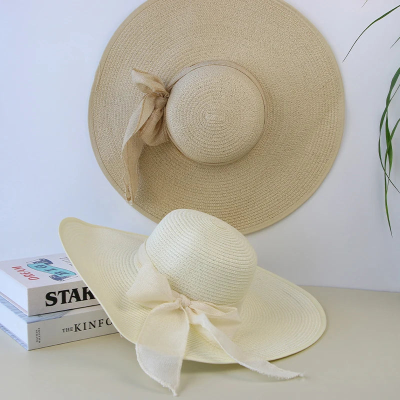 Women's Summer Straw Hat – Wide Brim Floppy Panama Hat with Bowknot