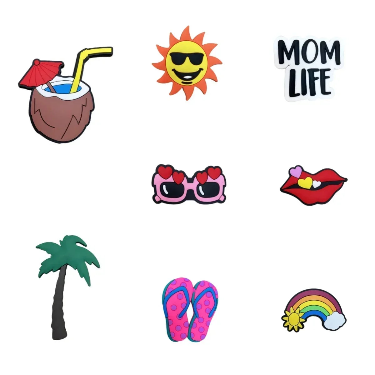 8PCS Cute Beach Bag Charms – Colorful PVC Buckles & Cartoon DIY Pins