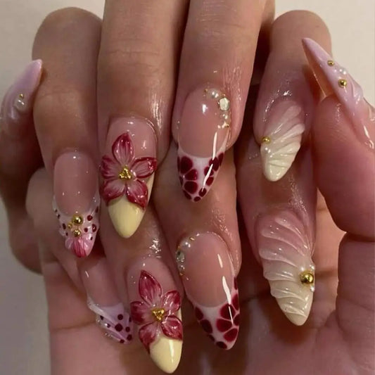 Blush Blossom press-on nails with 3D flowers and gold beads