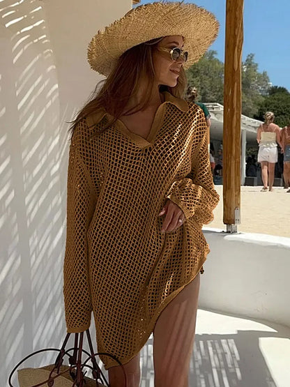 Sexy Hollow-Out Beach Knit Mini Dress – Women's Summer Swimsuit Cover-Up