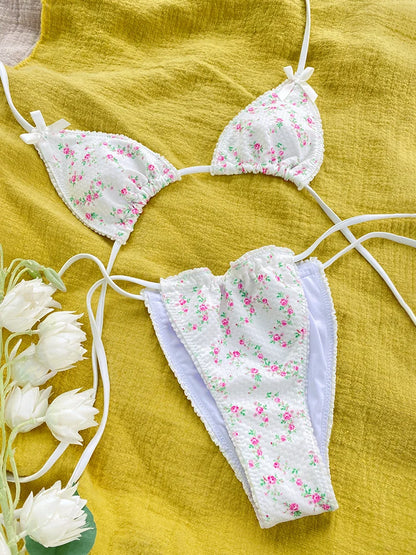 Floral Triangle Bikini Set – White Bandage Swimsuit, Sexy Two-Piece Beachwear
