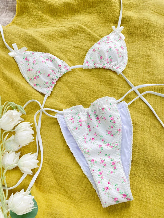 Floral Triangle Bikini Set – White Bandage Swimsuit, Sexy Two-Piece Beachwear