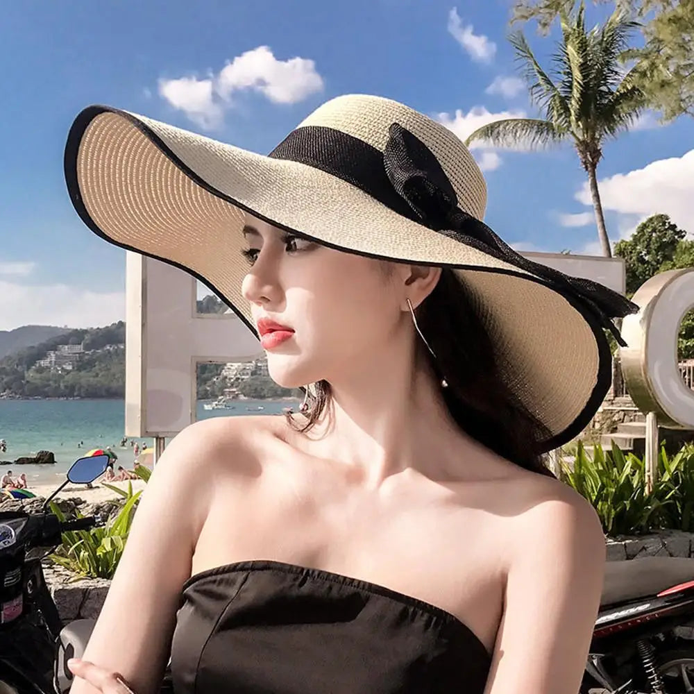 Women's Large Brim Straw Hat – Big Bow Sun Protection Beach Hat