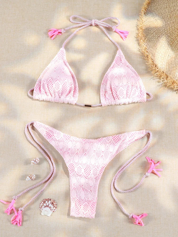 Floral Triangle Bikini Set – White Bandage Swimsuit, Sexy Two-Piece Beachwear