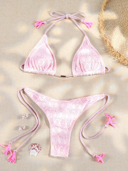 Floral Triangle Bikini Set – White Bandage Swimsuit, Sexy Two-Piece Beachwear