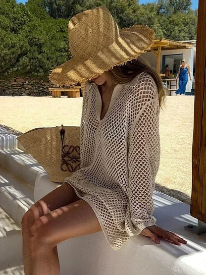 Sexy Hollow-Out Beach Knit Mini Dress – Women's Summer Swimsuit Cover-Up