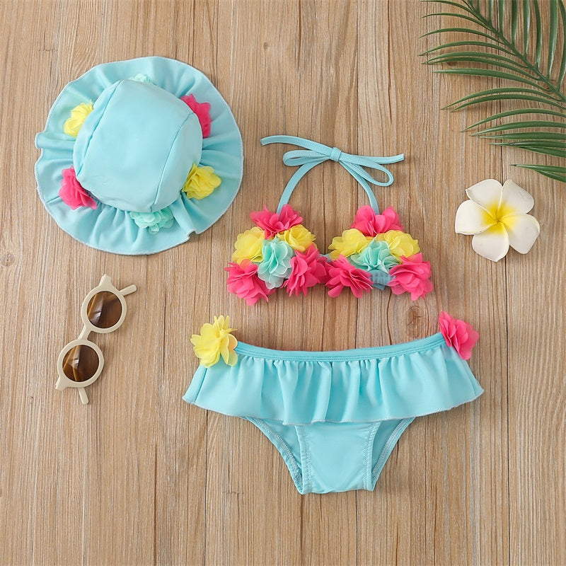 Toddler Girls Floral Swimsuit Set – Bikini & UV Protection Hat