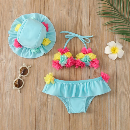 Toddler Girls Floral Swimsuit Set – Bikini & UV Protection Hat