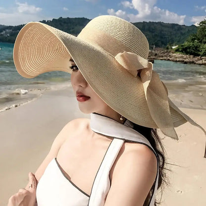 Women's Large Brim Straw Hat – Big Bow Sun Protection Beach Hat
