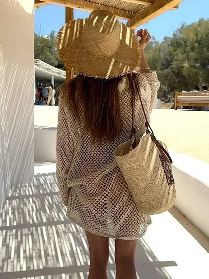 Sexy Hollow-Out Beach Knit Mini Dress – Women's Summer Swimsuit Cover-Up