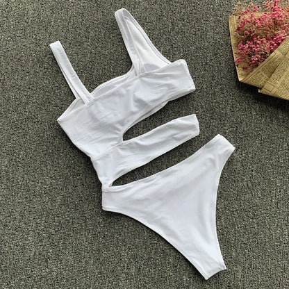 Sexy One-Shoulder Bikini Set – White Patchwork Swimsuit