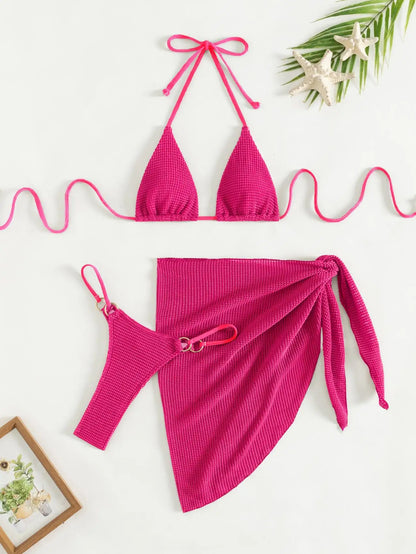 Sexy Brown 3-Piece Bikini Set – Halter Push-Up Bra, Thong, and Skirt Cover-Up