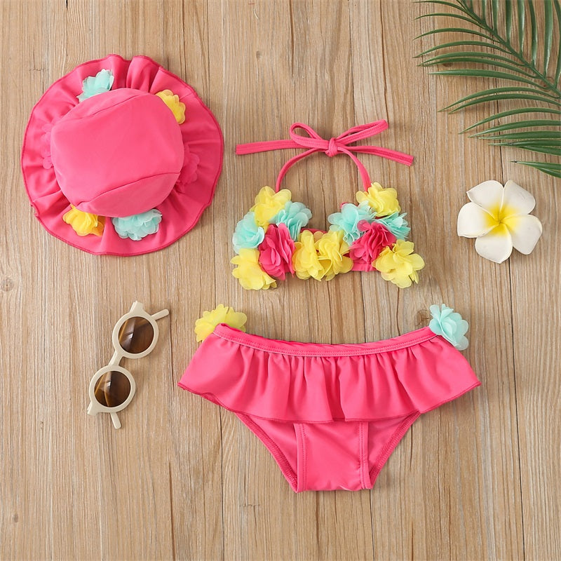 Toddler Girls Floral Swimsuit Set – Bikini & UV Protection Hat