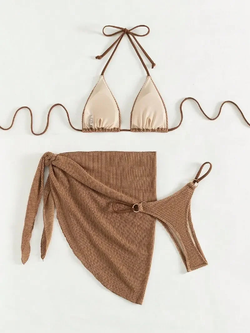 Sexy Brown 3-Piece Bikini Set – Halter Push-Up Bra, Thong, and Skirt Cover-Up