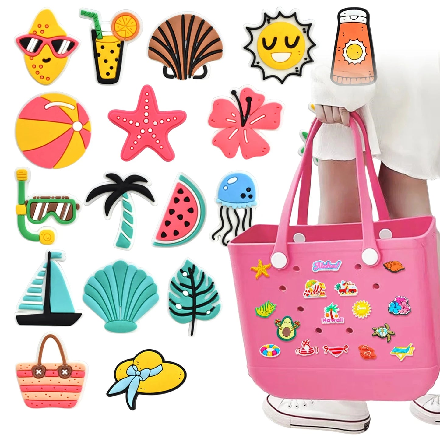 18PCS Summer Bag Charms – Random Rubber Buckles for Beach Totes