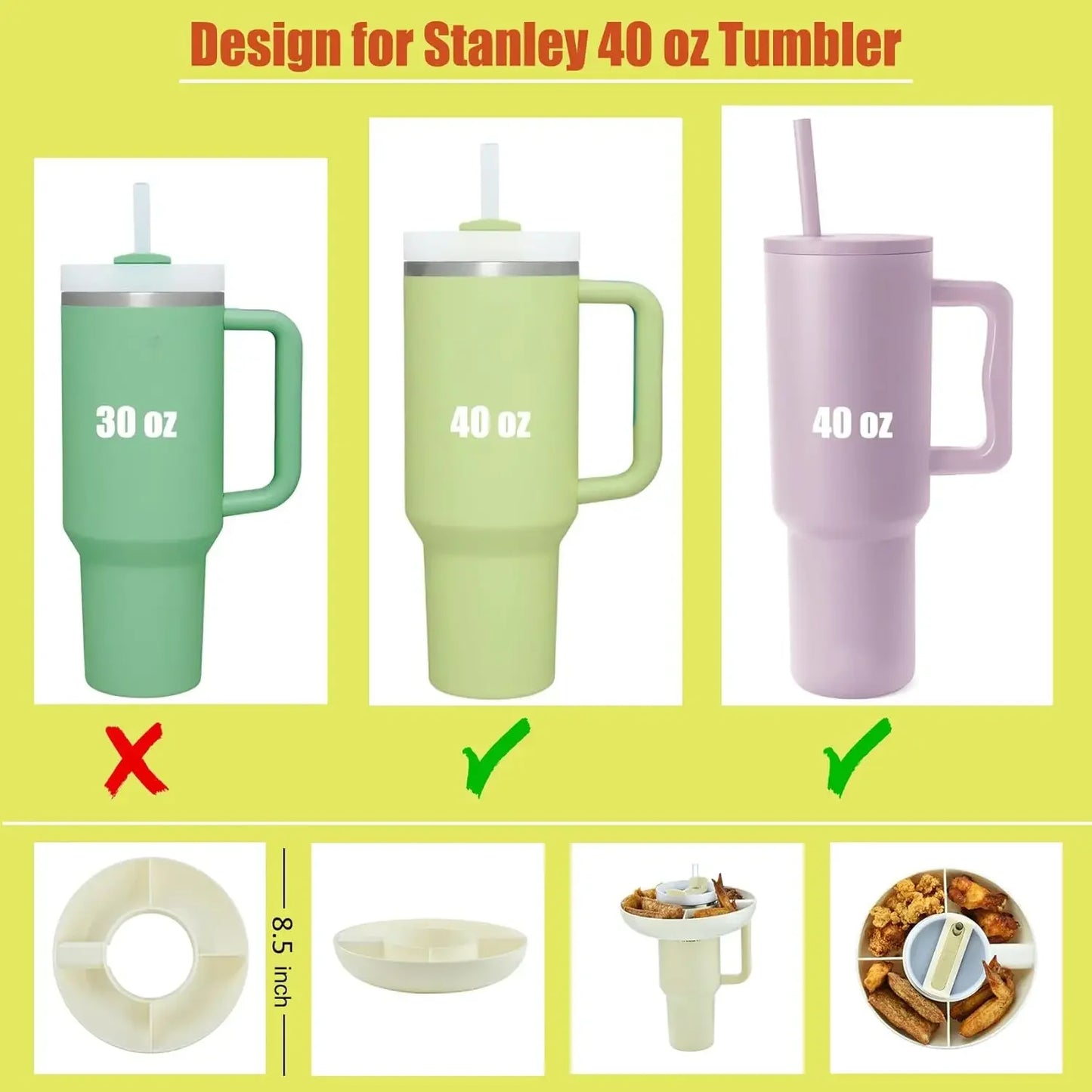 3/4-Grid Snack Bowl – Partitioned Tray for 40oz Tumbler with Handle