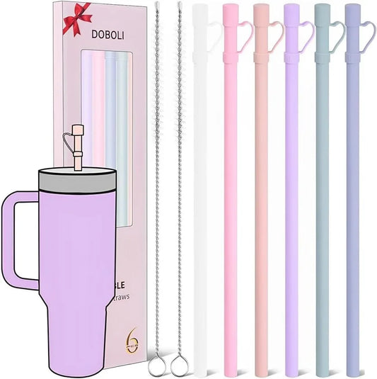 6PCS Long Silicone Straws with Covers – Compatible with 30/40oz Tumblers