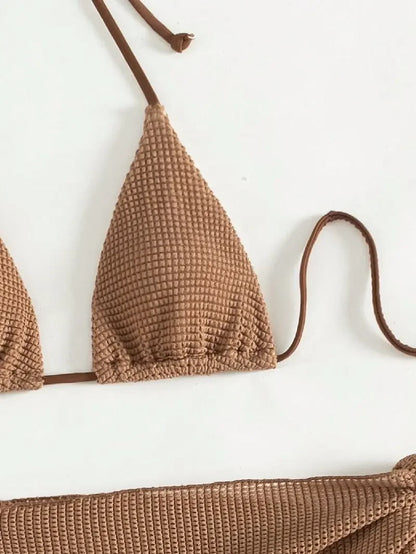 Sexy Brown 3-Piece Bikini Set – Halter Push-Up Bra, Thong, and Skirt Cover-Up