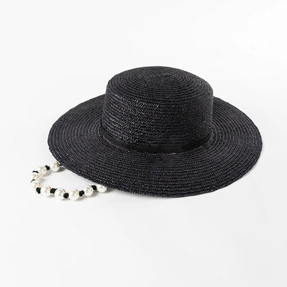 Ceeprints Pearl Tie Wide Brim Straw Fedora Hat