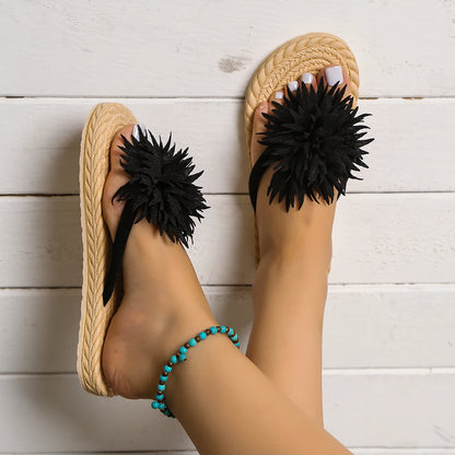 Ceeprints Black Flower Flat Flip-Flops
