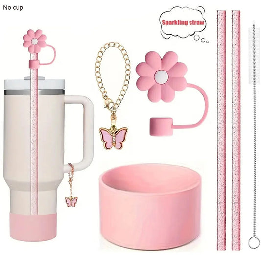 6PCS Stanley Tumbler Accessories – Bow Straw Covers, Sparkling Straw, Boot & Charms
