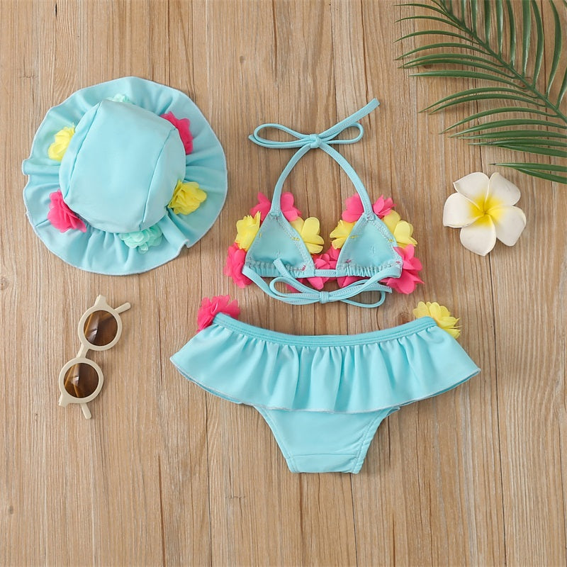 Toddler Girls Floral Swimsuit Set – Bikini & UV Protection Hat