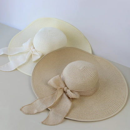 Women's Summer Straw Hat – Wide Brim Floppy Panama Hat with Bowknot