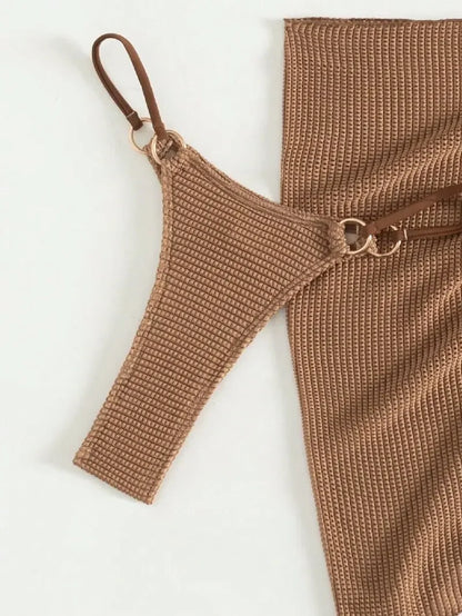 Sexy Brown 3-Piece Bikini Set – Halter Push-Up Bra, Thong, and Skirt Cover-Up