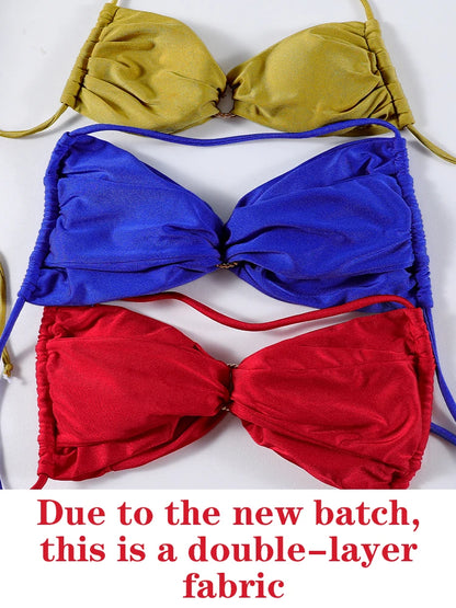 Rinabe Sexy Halter Micro Bikini – Pleated Thong Bandage Swimsuit with Cut-Out Ring Design