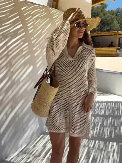 Sexy Hollow-Out Beach Knit Mini Dress – Women's Summer Swimsuit Cover-Up