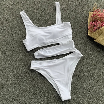 Sexy One-Shoulder Bikini Set – White Patchwork Swimsuit