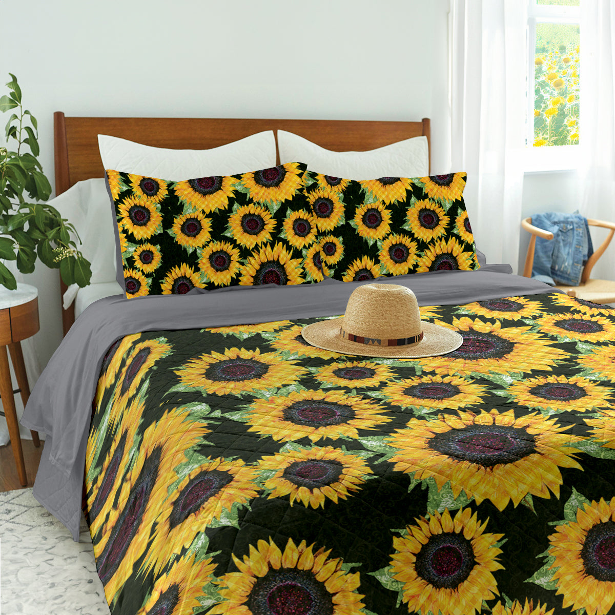 Ceeprints Quilt 3-Piece Set Sunflower Checkered pattern fabric