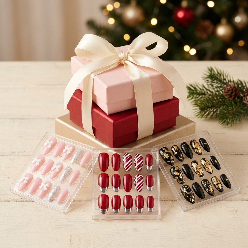 Three nail sets tied with a ribbon as a gift