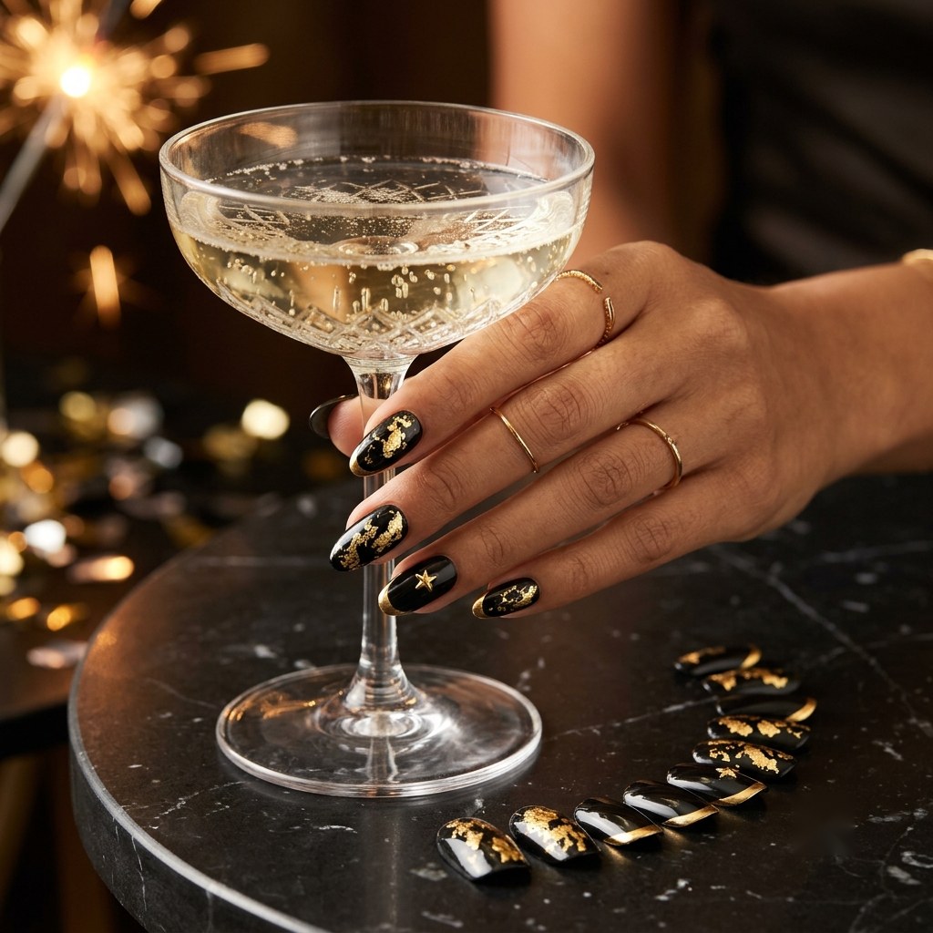 Midnight Gold black and gold foil press-on nails