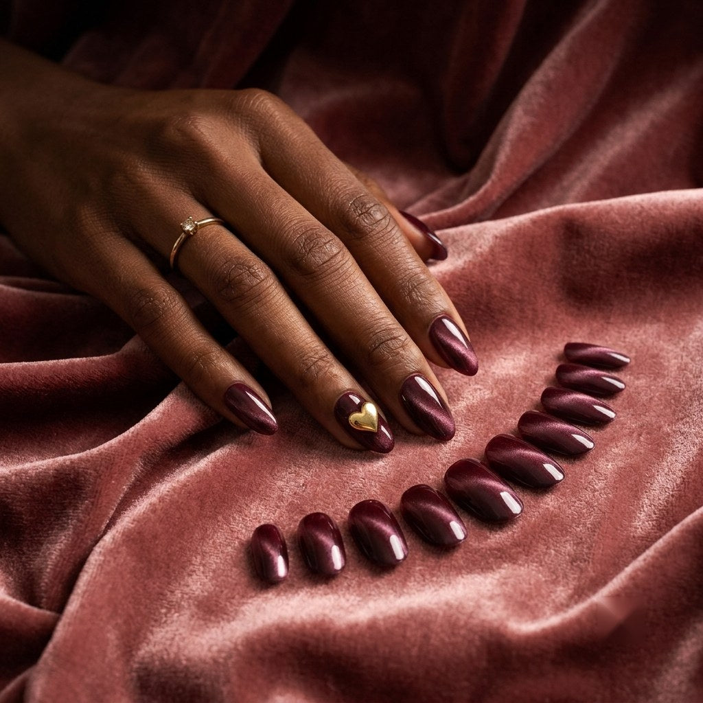 Velvet Cat-Eye burgundy press-on nails